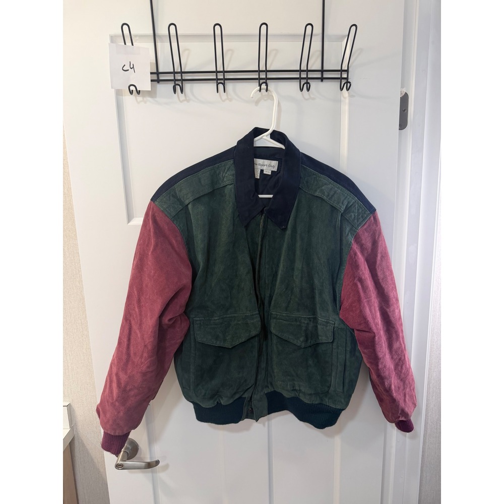 Paris Sport Club Vintage Colorblock Suede Bomber Jacket Green Burgundy Navy M